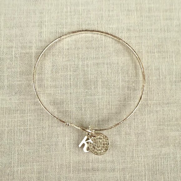 Silver Bangle Bracelet With Rhinestone Circle and K Charm - Picture 2 of 8